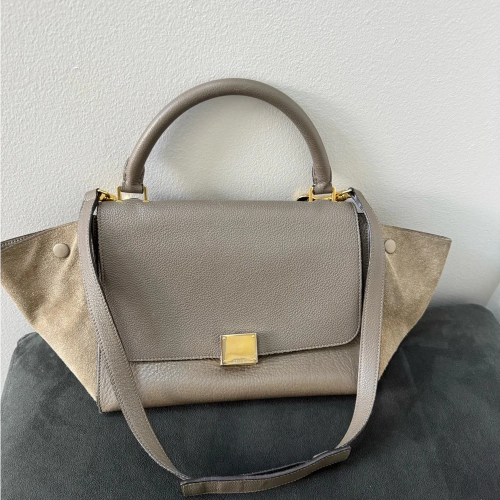 Celine Taupe Leather and Suede Satchel